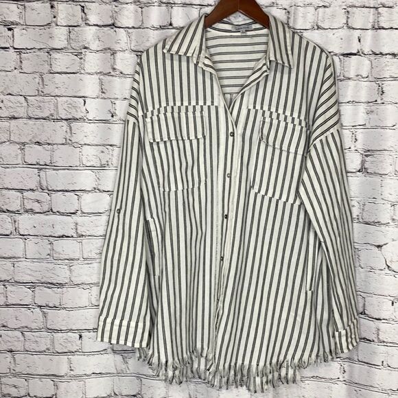white birch Tops - White Birch Linen Blend Striped Oversized Shacket Shirt‎ With Pockets Large